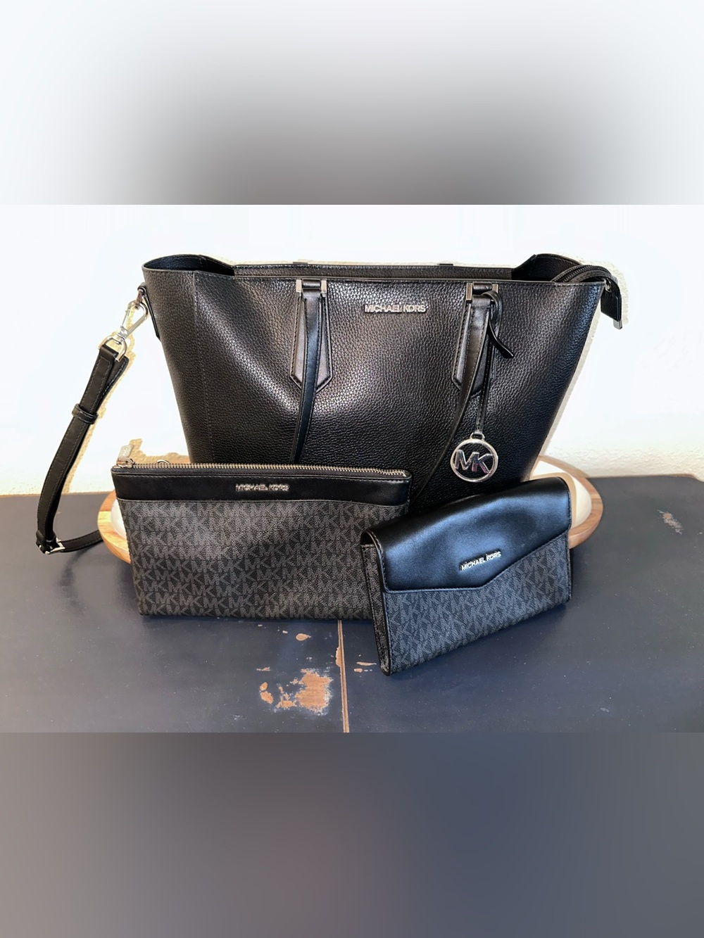 Michael Kors Black Pebbled Leather Shoulder Tote with MK Charm